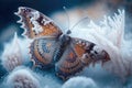 butterfly fluttering between delicate snowflakes in chilly winter wonderland