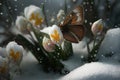 butterfly flutters past the delicate blooms of a winter garden