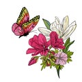 Butterfly flying above on lillies and begonia