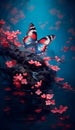 Butterfly Flying over Cherry Blossoms and Water. Generative AI