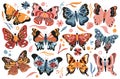 Butterfly flying set, colorful hand drawn butterflies fly collection, moth wings, insects Royalty Free Stock Photo