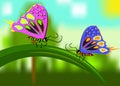 Butterfly girlfriends sitting on blade of grass. Royalty Free Stock Photo