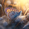 Butterfly on the grass in the early morning. Nature background.
