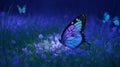 Butterfly in the grass on a meadow at night in the shining moonlight on nature in blue and purple tones macro. Royalty Free Stock Photo