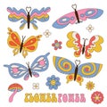 Butterfly groovy sticker 1970s set. Collection of vintage hippie butterflies and flowers. Bright contour design. Linear