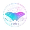 Butterfly illustration in double exposure style. Boho illustration in pastel colors. 80-90s motifs