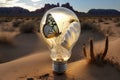 butterfly inside a light bulb on the background of the desert. Earth day. Royalty Free Stock Photo