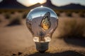 butterfly inside a light bulb on the background of the desert. Earth day. Royalty Free Stock Photo