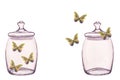 Butterfly inside and outside glass jar. Hand-drawn watercolor illustration isolated on white background. For postcards Royalty Free Stock Photo