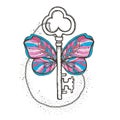 Butterfly and key magic illustration. Mystical symbol of freedom, spiritual search, flight, travel. Beautiful butterfly t-shirt de Royalty Free Stock Photo