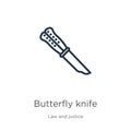 Butterfly knife icon. Thin linear butterfly knife outline icon isolated on white background from law and justice collection. Line Royalty Free Stock Photo