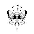 Butterfly with knife tattoo in y2k, 1990s, 2000s style. Emo goth element design. Old school tattoo. Vector illustration