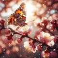 A butterfly landing on a blooming cherry branch. Generative AI Royalty Free Stock Photo