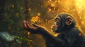 Butterfly landing on the hand of a young chimp chimpanzee Royalty Free Stock Photo