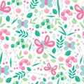 Butterfly and leaves seamless pattern in pastel colors for kids design. Cartoon cute smiling animals repeat background Royalty Free Stock Photo