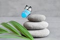 Butterfly, Light and Balanced Stones. Palm Leaf. Zen and Spa Concept. Royalty Free Stock Photo