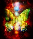 Butterfly with light energetic chakras in cosmic space. Painting and graphic design.