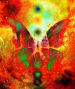 Butterfly with light energetic chakras in cosmic space. Painting and graphic design.