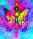 Butterfly with light energetic chakras in cosmic space. Painting and graphic design. Royalty Free Stock Photo