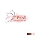 Butterfly logo vector. Line hand-drawn illustration with gold watercolor brush stroke
