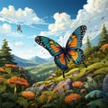 Butterfly on a meadow in the mountains. landscape of forest with trees grass nature Illustration cartoon style. Royalty Free Stock Photo