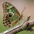 A butterfly with multicolored wings featuring intricate patterns perches on a lichen-covered Royalty Free Stock Photo