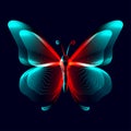 Butterfly neon silhouette in line art style. 3D vector illustration of glowing papillon contour top view isolated on a dark