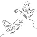 Butterfly one continuous line drawing. Beautiful butterfly couple is flying together in the air. Romantic theme isolated on white