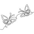 Butterfly one continuous line drawing. Beautiful butterfly couple is flying together in the air. Romantic theme isolated on white