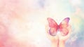 Butterfly in open hands against a watercolor backdrop. Banner with copy space. The concept of Wellness, nature and