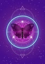 Butterfly over mandala, Sacred Geometry, logo Symbol of Harmony and Balance, Glowing Psychedelic neon. Colorful Geometrical sign