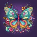 Butterfly painting with multiple colors and beautiful springtime flowers on a white background Generative AI Illustration Royalty Free Stock Photo