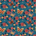 Butterfly pattern with flowers. Cute moths and moths on a background of flowers. Poster texture with moth, silkworm, mol, cutworm Royalty Free Stock Photo