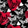 Butterfly pattern with watercolor hearts. Brush strokes.Seamless white butterflies graphic design on black background. -