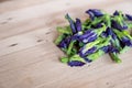 Butterfly pea, Blue pea dried flower (Clitoria ternatea L) on wood table Royalty Free Stock Photo