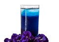 Butterfly pea flower juice isolated on white background,Blue pea flower tea in glass with ice,Contains Anthocyanin helps blood Royalty Free Stock Photo