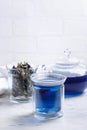 Butterfly pea flower tea is brewed in a glass teapot and served into a transparent cup. Blue herbal tea Royalty Free Stock Photo