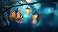 A butterfly perched on a branch of an evergreen tree, AI