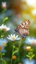 Butterfly perched on Coat buttons flowers, vibrant blooms in focus