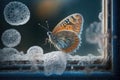 a butterfly perched on a frosty windowpane