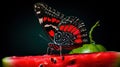 A butterfly perched on a slice of watermelon with black background, AI