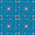 Butterfly, pink petal flower illustration seamless pattern on blue background, abstract flora arranged mandalas repeat patterns fo Royalty Free Stock Photo