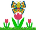 butterfly on pink plasticine tulip on grass field on white background