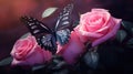 Butterfly on pink rose flower in the garden. Floral background. Generative AI Royalty Free Stock Photo