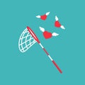 Butterfly, pool or fish net with flying hearts. Catch, hunt, chase symbol