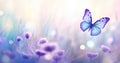 Butterfly on purple meadow. Illustration AI Generative