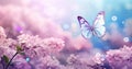 Butterfly on purple meadow. Illustration AI Generative