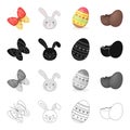 Butterfly, rabbit face, Easter egg, chocolate shell. Easter set collection icons in cartoon black monochrome outline Royalty Free Stock Photo