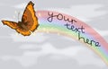 A butterfly and rainbow against the grey sky