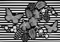 Butterfly realistic embroidery texture design. Exotic white flowers fashion decoration on striped monochrome background